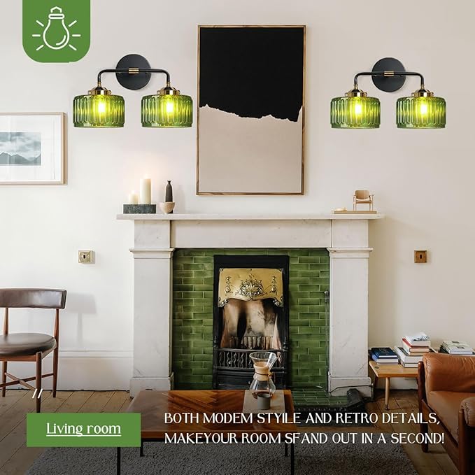 Bathroom Light fixtures Mid Century Wall Sconce 2-Lights with Green Striped Shade Glass Wall Mount Light Modern Vanity Lights for Over Mirror Bedroom Hallway Overhead