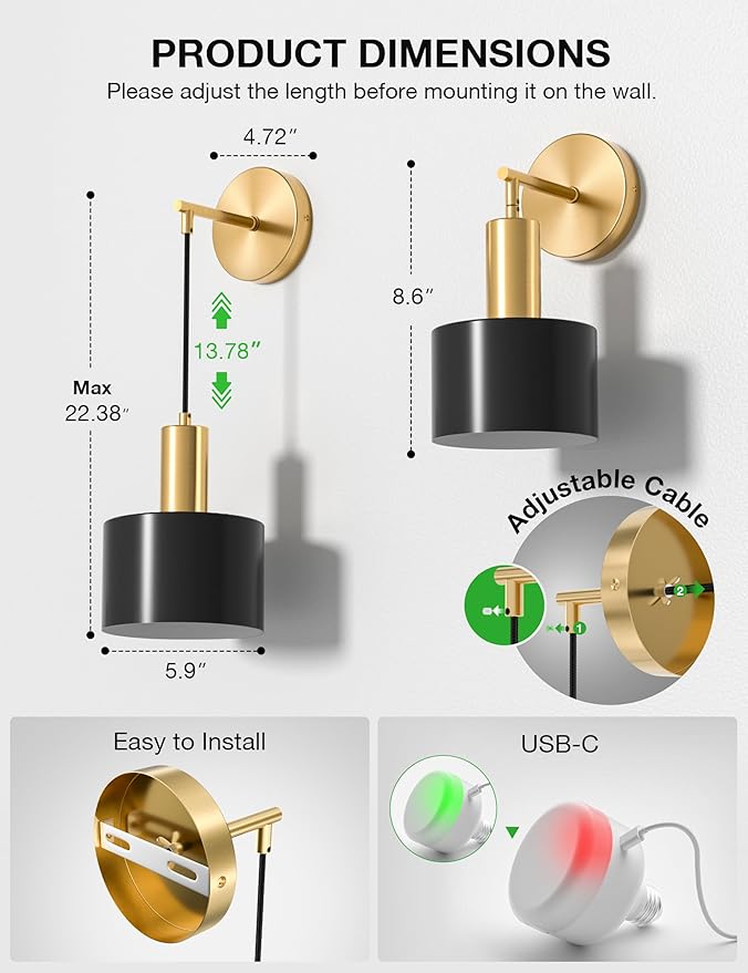 NIORSUN Battery Operated Wall Sconce Set of 2, Gold & Black Wireless Rechargeable Wall Lights with 5200mAh Dimmable Detachable Bulbs and Remote, 9 Colors Sconces Wall Decor for Bedroom Living Room