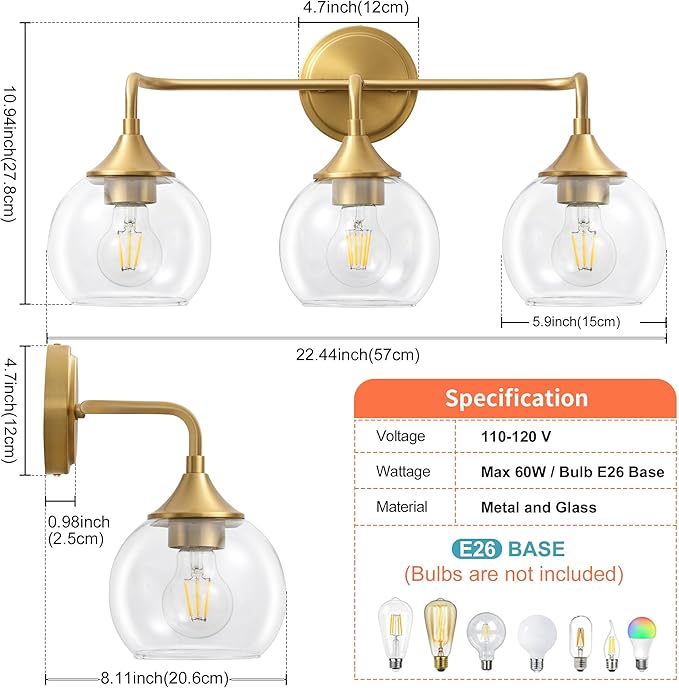 Gold Bathroom Light Fixtures 3 Light Bathroom Vanity Light with Clear Glass Shade, 22 inch Vanity Lighting Fixtures Over Mirror, Vanity Lights Fixture (Exclude E26 Bulb)