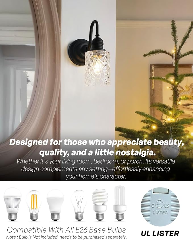 Vintage Wall Sconce 1-Light Black Bathroom Vanity Light with Clear Ripple Glass Shade Hardwire Farmhouse Wall Lamp Fixture for Bathroom Mirror Living Room Bedroom Kitchen Indoor