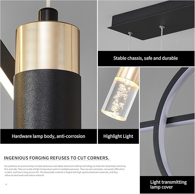 Siittoo Modern LED Pendant Lighting Fixtures, 45W Dimmable LED Modern Chandelier Lights with Geometric Shapes & Bubbles, 37'' Black Linear Wave Dining Room Light Fixture for Kitchen Island Living Room
