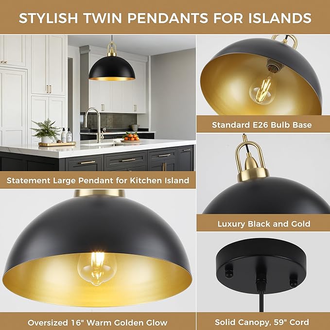 16'' Black Dome Pendant Light, Modern Farmhouse Pendant Light Fixture, Large Hanging Ceiling Pendant Lighting for Kitchen Island Dining Room Foyer Hallway Bar Cafe