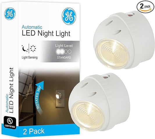 GE Rotating Plug in Night Light, Home Decor, Apartment Essentials, LED Lights for Bedroom, Ambient Lighting, Dusk to Dawn Sensor, Nightlight, Bathroom, Dorm Room, 2 Pack 50331