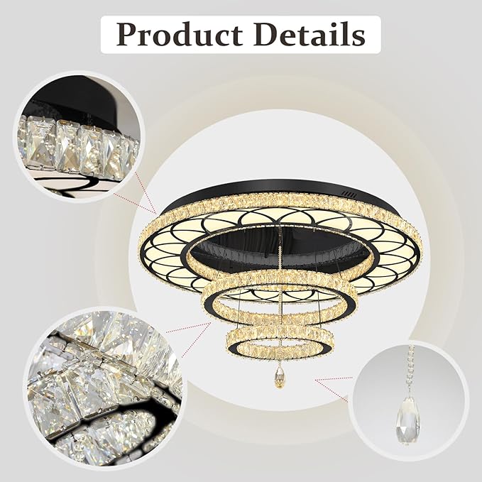Flashing God Dia 48" Large Crystal Chandelier Modern Black Chandeliers LED Dimmable Flush Mount Chandelier Crystal Ceiling Light for Living Room Bedroom Foyer