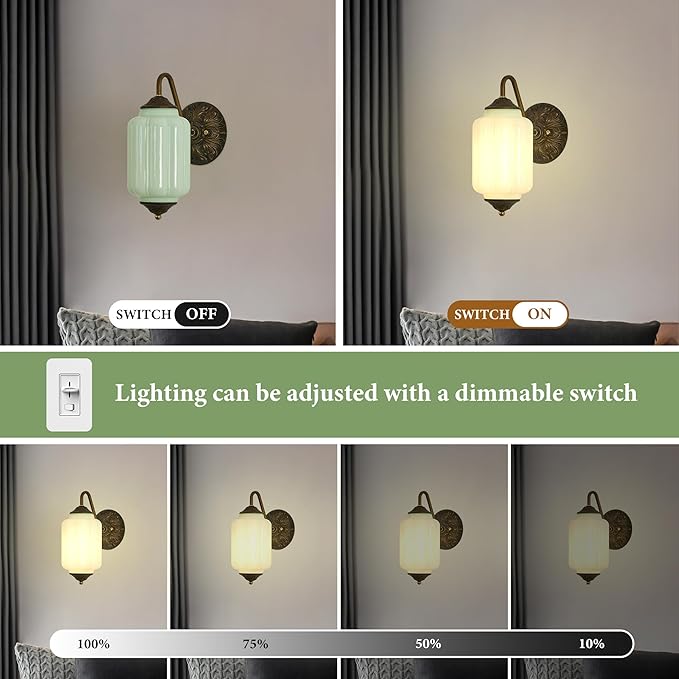 Vintage Milk Glass Wall Sconce - Set of 2 Green Dimmable Wall Mount Lighting with Bulbs - Antique Brass Gold Sconces - Mid Century Vanity Light Fixture for Bathroom Bedroom Living Room Hallway Decor