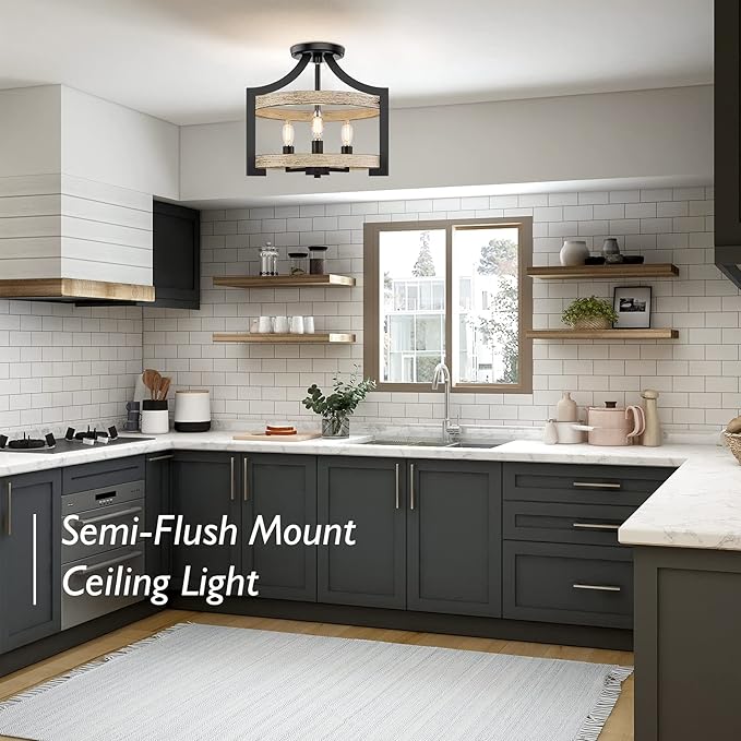 3-Light Farmhouse Chandelier, 14.5” Pendant Hanging Lighting Adjustable Height, Convertible Vintage Semi Flush Mount Ceiling Light Fixture, Rustic Chandeliers for Dining Room Foyer Entryway Kitchen