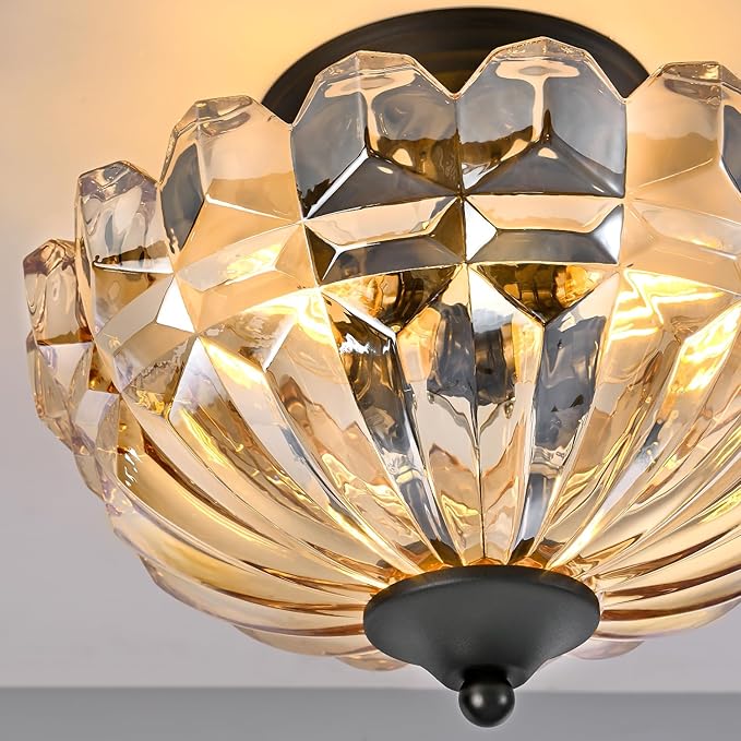 Semi Flush Mount Ceiling Light, 3-Light Kitchen Ceiling Lighting Fixtures with Amber Glass Lampshade, Gold Modern Chandelier for Living Room Bedroom Hallway