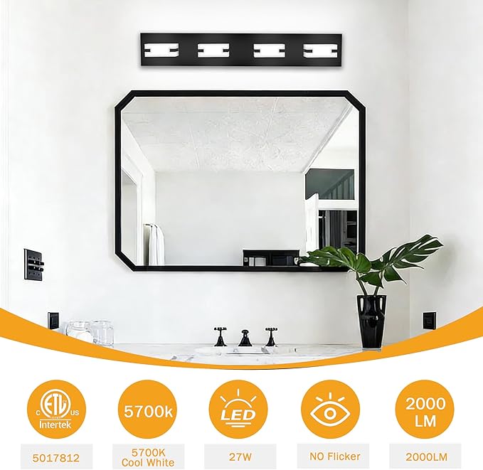 LED Bathroom Light Fixtures, 4-Light Modern Vanity Lights with Milky White Frosted Acrylic Shades, Matte Black Bathroom Lighting fixtures Over Mirror, ETL Listed, 27W (Cool White 5700K)
