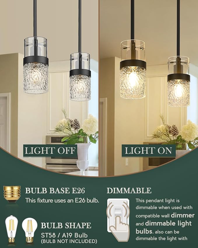LMS Glass Pendant Lights Kitchen Island 2-Pack, Modern Black Pendant Light Set of 2 with Hammered Glass and Rods, Mini Hanging Lighting for Kitchen Island, Bathroom, Bedroom, LMS-201