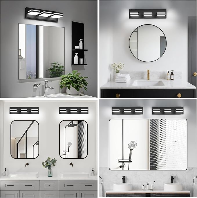 IZORRO LED Modern Bathroom Lights Fixtures(3-Light,Dimmable,360°Rotate),Matte Black Acrylic Wall Lighting,Vanity Lights for Bathroom Over Mirror - 6000k 16In （No Assembly Required）