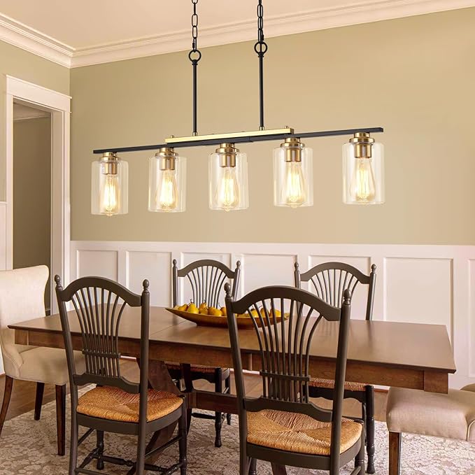 34" Dining Room Light Fixture/Chandelier Over Table, 5-Light Black and Gold Kitchen Island Lighting with Clear Glass Shade, Modern Hanging Pendant Lights Fixture for Kitchen Island Dining Room