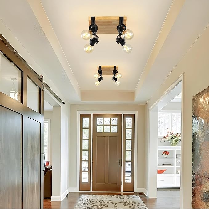 SEEBLEN Farmhouse Wooden Flush Mount Ceiling Lamp,4-Light Directional Ceiling Spotlight Track Light Kits,Rustic Farmhouse Kitchen Light Fixtures for Kitchen Bathroom Bedroom Hallway.