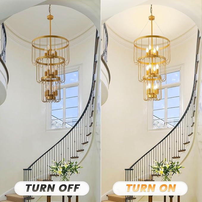 18 Inch Gold Foyer Chandelier,12 Light Lantern Tiered Pendant Light Fixtures,Modern Foyer Lighting Fixtures,Farmhouse Chandelier for Entryway,Large Chandeliers for High Ceilings,for Staircase,Entrance