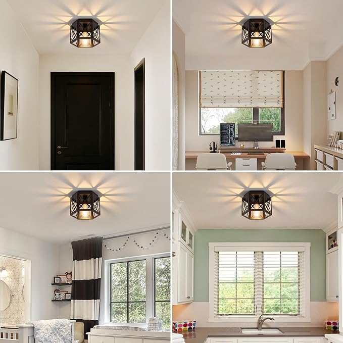 2 Pack Flush Mount Ceiling Light, 1-Light Black Light Fixtures Ceiling Mount, Small Flush Mount Lamp with Hexagonal Metal Cage, Farmhouse Chandeliers for Hallway Kitchen Sink Entryway Foyer