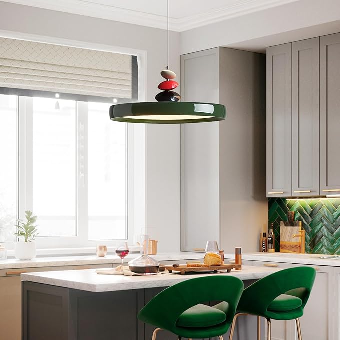 Mikeru Modern Pendant Lights, 23.6" Vintage Green Pendant Lighting Fixture with Remote Control Dimmable 3 Color Mode & Brightness Mid Century Island Light Fixture for Dining Room,Kitchen,Living Room