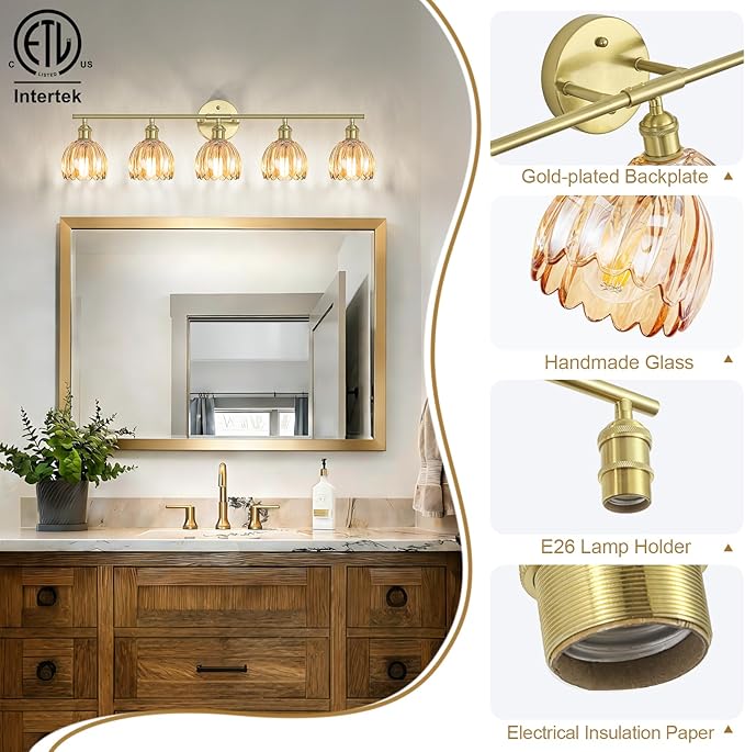 Vintage Bathroom Light Fixtures,5-Light Hardwired Vanity Lights with Amber Tulip Glass Shade,Gold Bathroom Vanity Light for Mirror Restroom,E26 Socket,33.46 in(Bulbs Not Included)