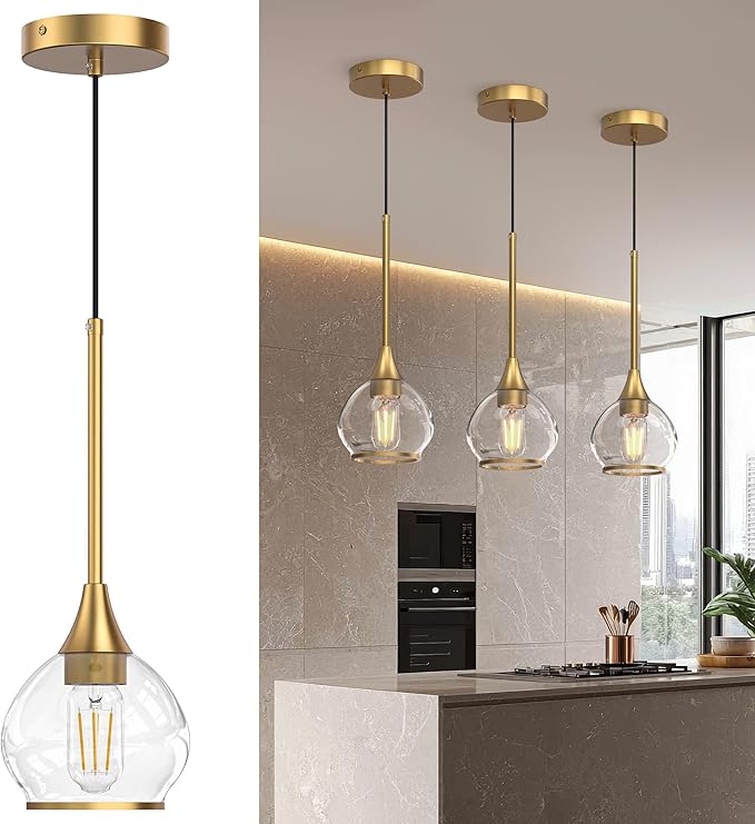Kitchen Island Linear Pendant Light, 1-Pack 1-Light Gold Pendant Light, Brushed Gold Glass Globe Hanging Light Fixture for Dining Room, Over Table, Bar