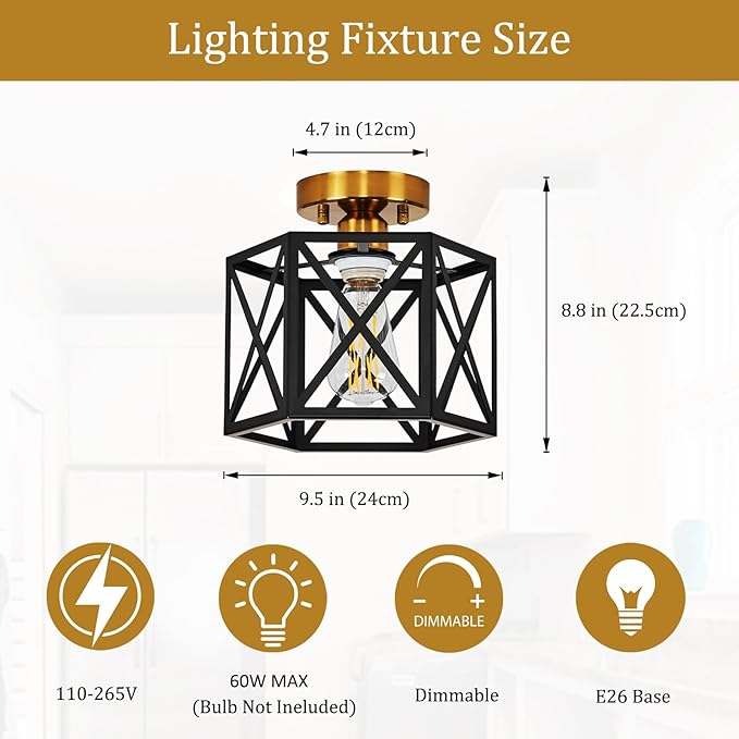 Modern Farmhouse Black and Gold Ceiling Light,Industrial Semi Flush Mount Ceiling Lighting Fixture,Hexagonal Hallway Lighting Fixtures for Kitchen,Bedroom,Foyer,Entryway,Laundry Room,1-Light