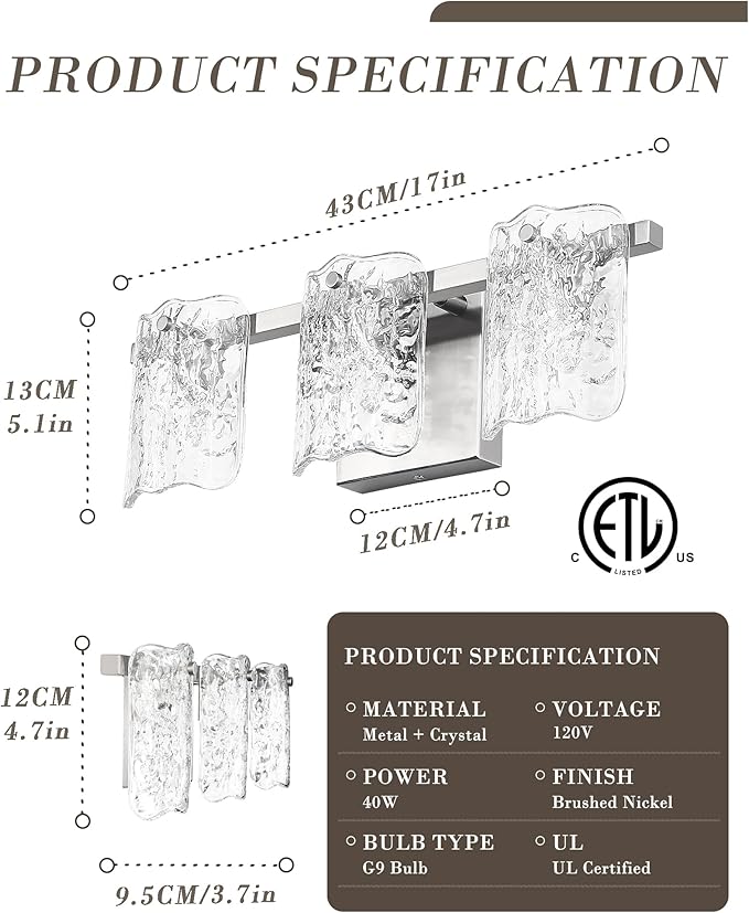 3-Light Bathroom Vanity Light, Brushed Nickel Bathroom Light Fixture Over Mirror with Clear Glass, Modern Bath Wall Sconce Lighting for Bath Restroom, OS-MM5002-3BN