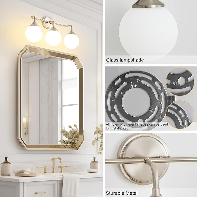 Brushed Nickel Vanity Lights Fixtures, 3-Light Bathroom Vanity Lighting Over Mirror, Modern Bathroom Wall Sconces with Milky White Glass Ball Shades