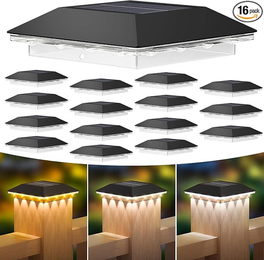Mlambert 16 Pack Solar Post Cap Lights Outdoor - 3 Lighting Modes Waterproof LED Solar Post Lights Fit 3.5×3.5 Wood/4×4 Vinyl Fence Deck Posts, Black