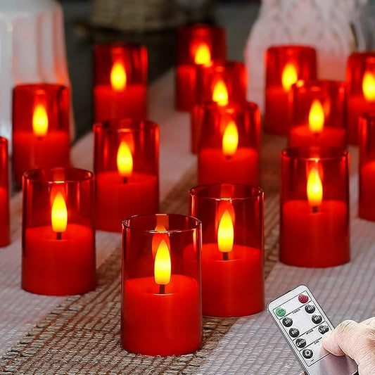 Flameless Small Tea Light LED Candles, Acrylic Battery Operated Votive 1.7" x2.5" with Remote Control and Timer, Tealight Red Flickering Warm Light Pack of 15 Electric Long Lasting