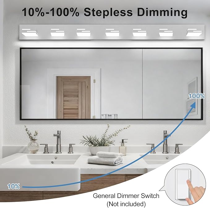 LED Modern Bathroom Vanity Light Fixtures, 7-Light 48-inch Dimmable Chrome Vanity Lights for Bathroom Lighting Fixtures Over Mirror, with 360° Rotatable Heads (Cool White 6000K)