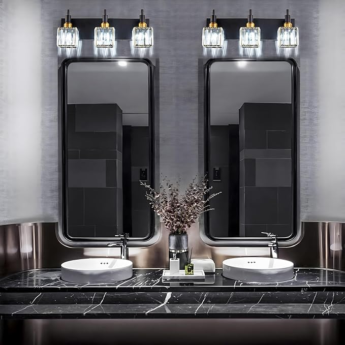 Modern Crystal Bathroom Vanity Light 3-Light Brass Wall Light Fixtures Over Mirror Black and Gold Vanity Lighting for Bathroom Square Shade Brass Wall Sconce