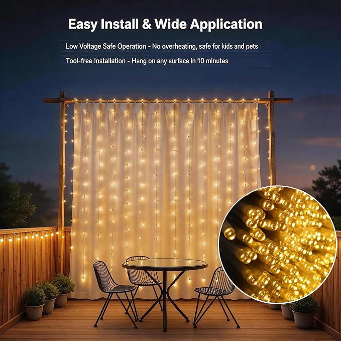2 Pack Solar Curtain Light Outdoor, 20ft x 10ft, 480 LEDs in Total Solar Powerd String Lights Waterproof Outside for Garden Party Wedding Decór