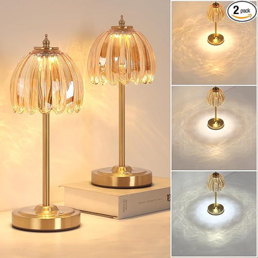 Shenmoyl Set of 2 Tulip Table Lamp with 5000mAh Battery & Touch Control, Cordless Table Lamp with 3 Colors, Dimmable Rechargeable Table Lamps for Bedroom, Living Room, Entryways (Amber Tulip)