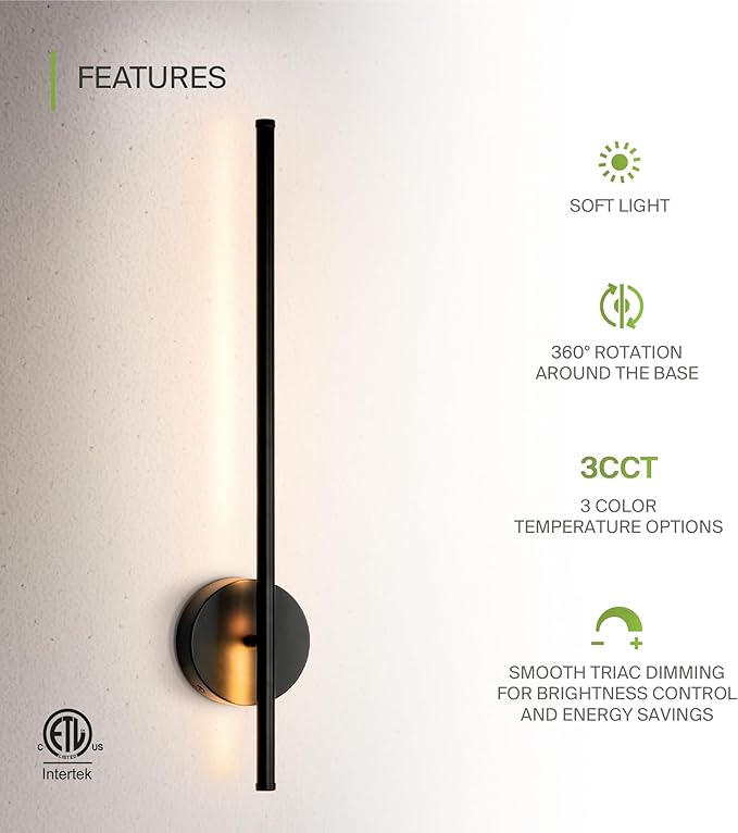 ASD LED 24" Linear Tube Wall Sconce, Modern Bathroom Light Bar | 3CCT, 360° Rotatable, Dimmable, ETL Listed | 8W 420LM 3000-5000K 100-277V | Bedroom, Hallway Vanity Lighting | Black, 2 Pack