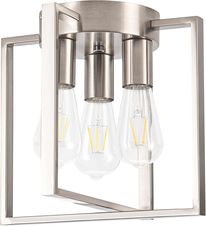 3-Light Flush Mount Light Fixture,Brushed Nickel Metal Frame Ceiling Light Fixture with Contemporary Geometric Metal Cage,for Living Room Kitchen Dining Room Bedrooms Foyer Hallways,