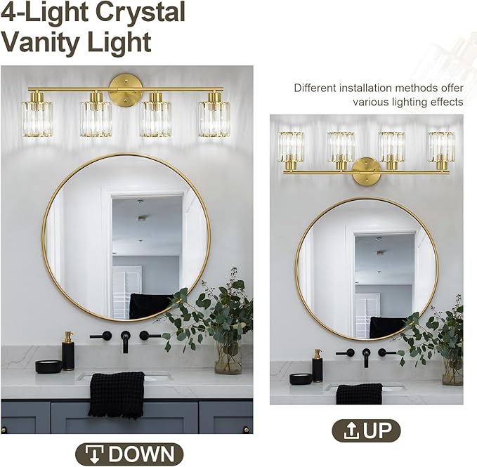 Crystal Bathroom Light Fixtures, Bathroom Lighting Fixtures Over Mirror, Modern 4-Light Gold Vanity Lights for Mirror, Restroom, Kitchen(Ceramic E26 Socket,Bulbs Not Include)
