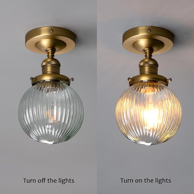 PERMO Simi Flush Mount Ceiling Light with Globe Ribbed Glass Lampshade 1- Light Flush Mount Ceiling Light for Hallway, Brass Finish (Antique Gold)