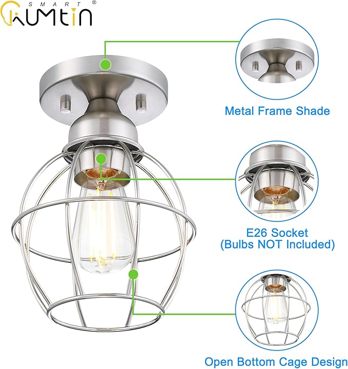 Farmhouse Ceiling Light Fixture, Vintage Semi Flush Mount Ceiling Light, Small Metal Cage Lighting Lamp for Hallway Entryway Kitchen Porch, Nickel Finish, 2-Pack