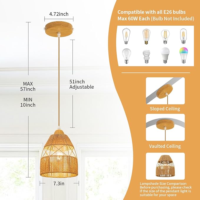 Boho Rattan Pendant Light Kitchen Island,Farmhouse Chandeliers Adjustable Height Hanging lamp for Dining Room,Kitchen Ceiling Lights Fixtures with Hand Woven Wicker Lampshade Lighting
