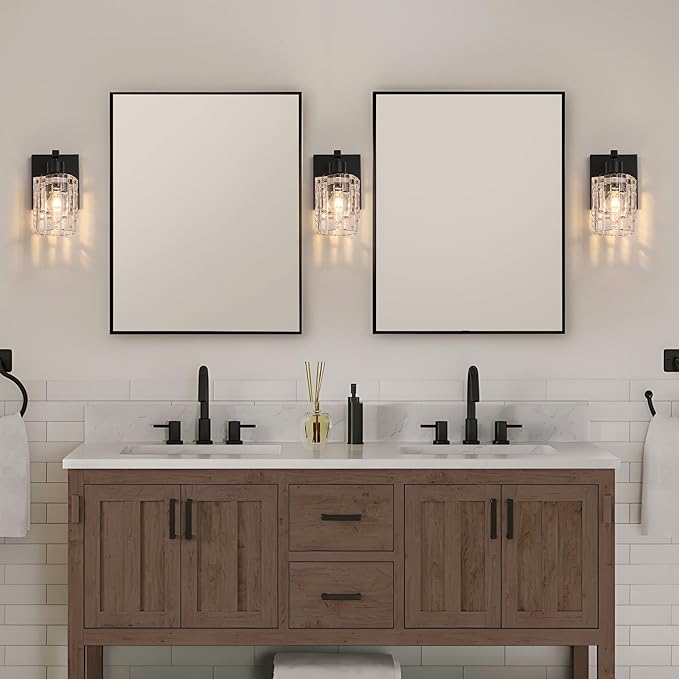 1 Light Matte Black Bathroom Vanity Light Over Mirror, Modern Vanity Lighting with Crystal Glass Shade, Wall Mount Bathroom Light Fixtures, E26 Base