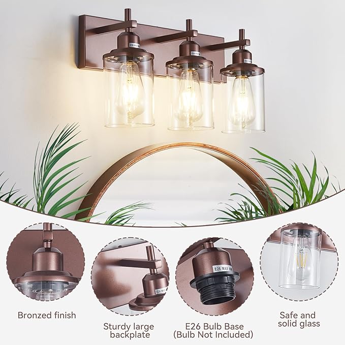 Lanhall 3-Light Bronze Bathroom Light Fixtures Over Mirror,Modern Bathroom Vanity Light with Clear Glass Shade, Wall Sconce for Bathroom Hallway Cabinet Bedroom Kitchen Living Room Foyer E26 Base