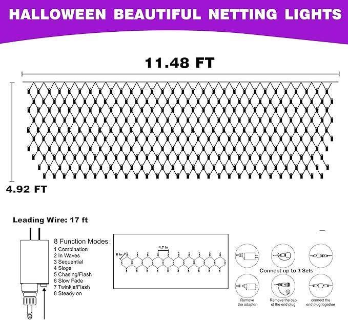 Dazzle Bright Halloween 360 LED Net Lights, 12FT x 5FT Connectable Waterproof String Lights Clear Wire with 8 Modes, Halloween Decorations for Indoor Outdoor Party Yard Garden Decor, Purple & Orange