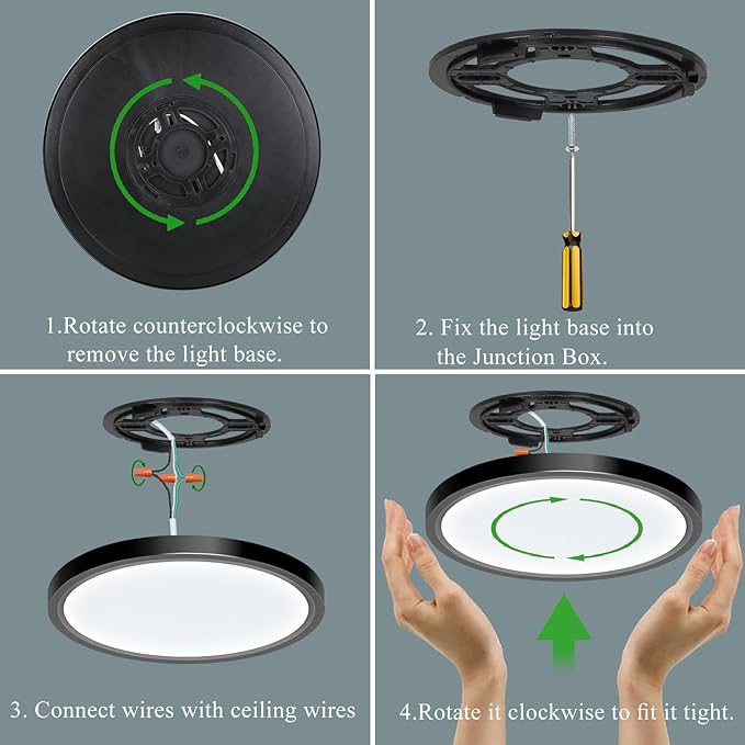 2 Pack LED Flush Mount Ceiling Light Fixture, 24W 12Inch 3000K, 3500K, 4500K, 5000K, 6500K 5 Color Temperatures Low Profile Ceiling Light for Bedroom, Living Room, Dining Room, Black
