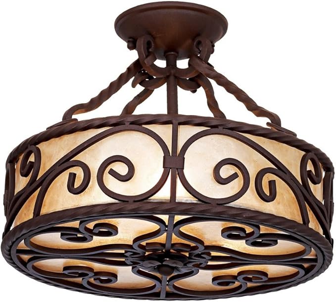 John Timberland Natural Mica Collection Rustic Ceiling Light Semi-Flush Mount Fixture Deep Walnut Scroll 15" Wide Drum Shade for House Bedroom Hallway Living Room Bathroom Dining Kitchen