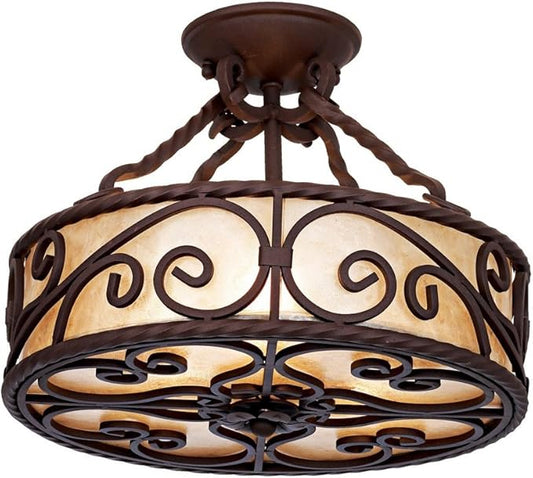 John Timberland Natural Mica Collection Rustic Ceiling Light Semi-Flush Mount Fixture Deep Walnut Scroll 15" Wide Drum Shade for House Bedroom Hallway Living Room Bathroom Dining Kitchen