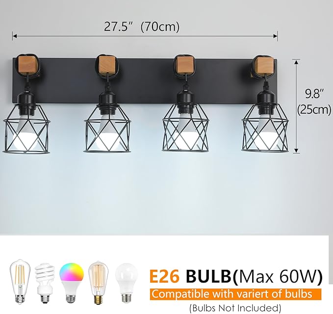 Farmhouse Vanity Light Fixture,4-Light Bathroom Lighting,Black Industrial Wood Wall Light Over Mirror with Metal Shade,LED Bulbs Not Included