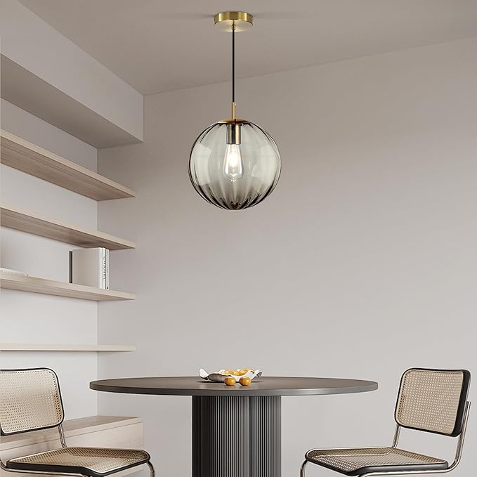 Modern Smoke Grey Glass Pendant Light, Kitchen Island Lighting Single Globe Pendant Light Fixtures Century Kitchen Island Pendant Lighting for Bedroom Living Dining Room Light Fixture （Without Bulb）