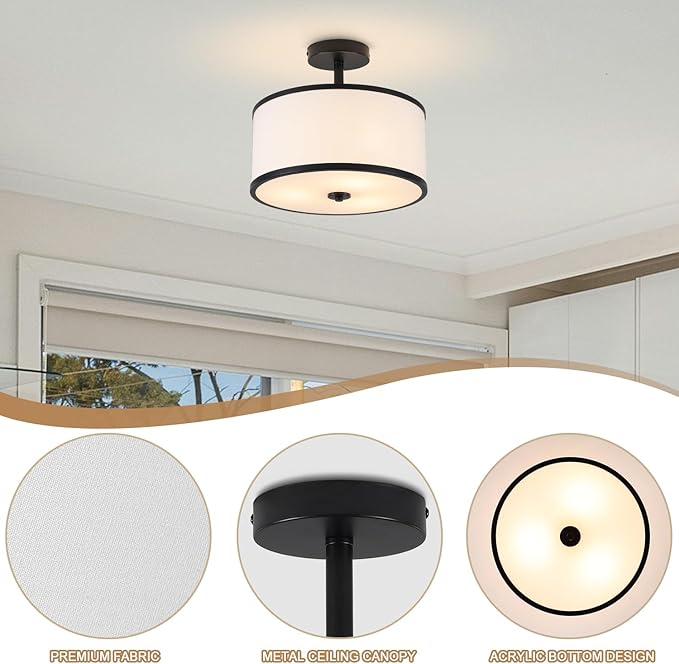 BUXVRCS Semi Flush Mount Ceiling Light Fixture, 3-Light Drum Lighting Fixtures, Hallway Light Fixture Ceiling Mount with Fabric Shade, Close to Ceiling Light for Bedroom Bathroom (Black)