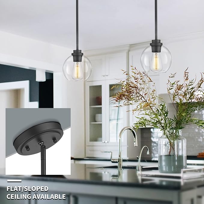 Pendant Light – 7 Inch Modern Hanging Fixture with Clear Glass Globe & Matte Black Finish, Adjustable Iron Rods & Sloped Ceiling Compatible for Kitchen Island Dining Room Bedroom Hallway, 2 Pack