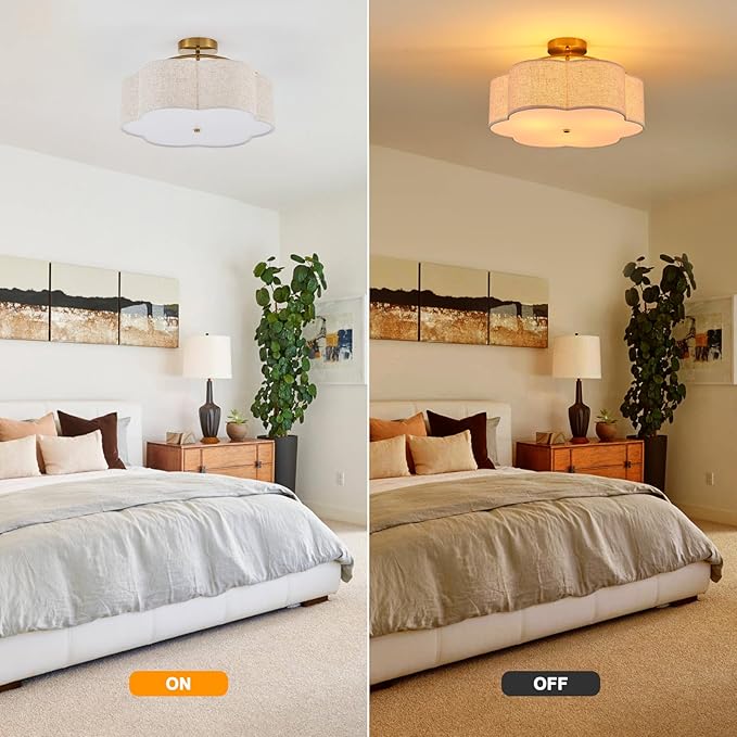 18" Semi Flush Mount Ceiling Light Modern 3-Lights Gold Drum Ceiling Light Fixture with Fabric Linen Shade, Vintage Ceiling Lighting for Living Room, Kitchen, Basement, Laundry Room, Bedroom