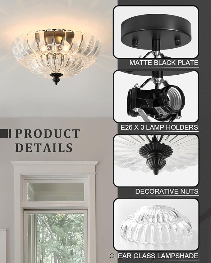 ANYLOVE Modern 12Inch Clear Glass Flower Glass Semi Flush Mount Ceiling Light, 3 Light for Living Room Bedroom Hallway Entryway Foyer