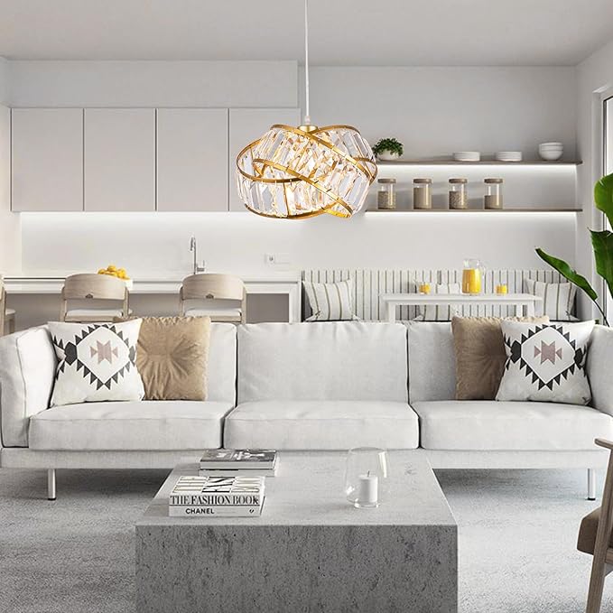 Modern Crystal Chandelier Light Fixure Mid Century Modern Geometric Golden Retro Ring Chandelier Modern Small Crystal Gold Chandeliers for Dining Room, Kitchen Island, Bedroom, Hallyway