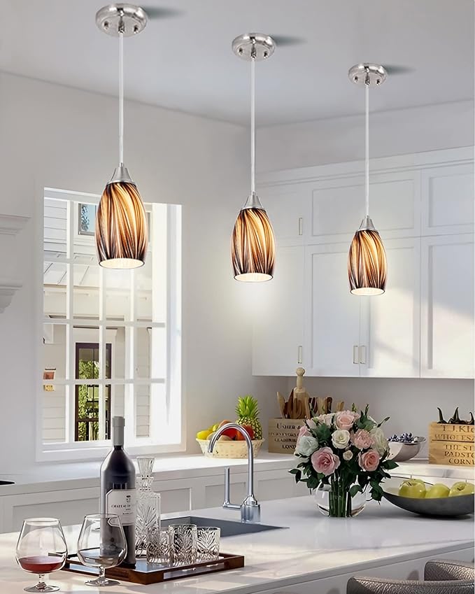 karyfine Mini Pendant Lights Kitchen Island,Blown Art Glass Pendant Light Fixtures with Brush Nickel Finish Coffee Brown Hanging Lamp Shade for Kitchen Over Sink,Hallway,Bathroom Dining Room